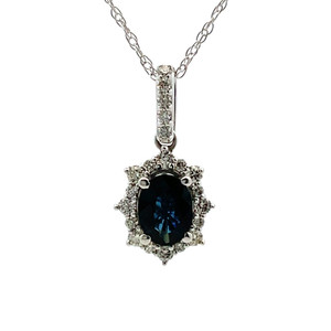 14K W Gold Sapphire .94TW & Diamond .20 TW Halo style Necklace 18"