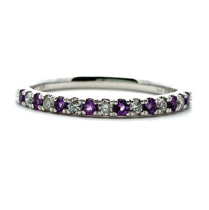 10k White Gold Amethyst & Diamonds February Birthstone Stackable Band Ring Size 7