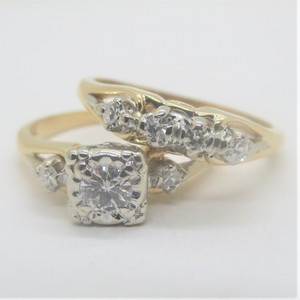 Vintage 14k Yellow Gold Approx .20ct Euro Cut Diamond Engagement Ring & Band Set