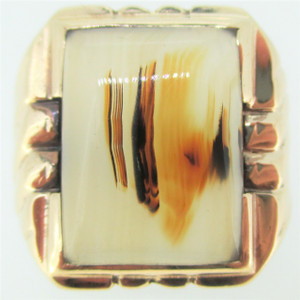10K Gold Rectangular White and Brown Picture Agate Ring Size 7.25