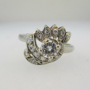 Vintage Bright Cut 14k White Gold Approx .65ct TW Round Brilliant Cut Diamond Ring with Single Cut Diamond Accents Size 8  *