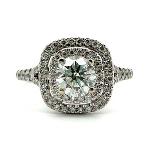 14K White Gold .97ct Round Brilliant Diamond Double Halo Cathedral Setting Engagement Ring Size 7.5