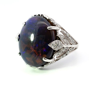 14K White Gold Australian Lightning Ridge Black Opal Diamond Floral Design Accent Fashion Ring Size 9