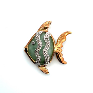 10K Two-Tone Yellow and White Gold Jade and Diamonds Fish Pendant 10K Two-Tone Yellow and White Gold Jade and Diamonds Fish Pendant