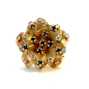 12K Yellow Gold Diamond Sapphire Large Flower Ring Size 8.75 12K Yellow Gold Diamond Sapphire Large Flower Ring Size 8.75