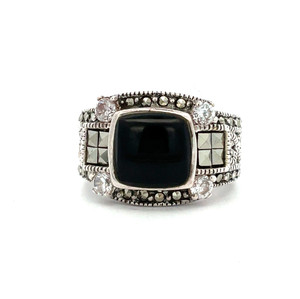 Sterling Silver Ornate Marcasite  Cushion Cut Onyx CZ Ring Size 6.75 Sterling Silver Ornate Marcasite  Cushion Cut Onyx CZ Ring Size 6.75