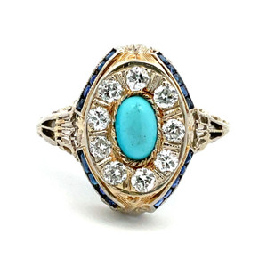 Vintage 18k Turquoise Diamond and Sapphire Filigree Ring Size 5 1/2