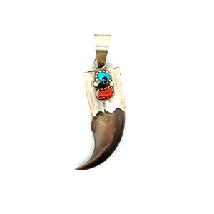 Sterling Silver Navajo Bear Claw Turquoise and Coral Pendent