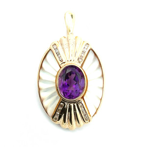 14K Yellow Gold Amethyst Mother of Pearl Diamond Oval Pendant 14K Yellow Gold Amethyst Mother of Pearl Diamond Oval Pendant