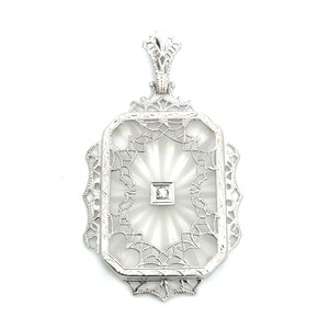14K White Gold Vintage Camphor Glass Filigree Art Deco Diamond Pendant 14K White Gold Vintage Camphor Glass Filigree Art Deco Diamond Pendant