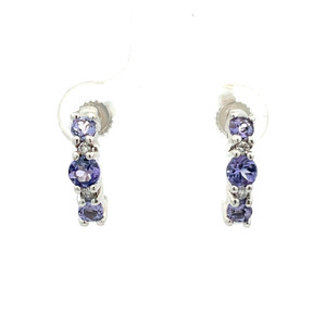 14K White Gold Half Hoop Small Three Stone Tanzanite Earrings