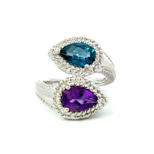 Sterling Silver Pear Shaped Amethyst and Blue Topaz Ring Size 8