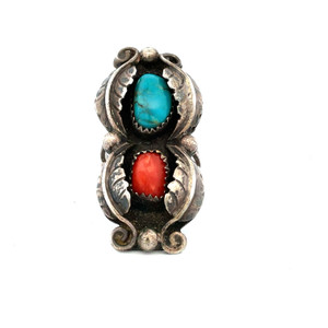 Sterling Silver Navajo Turquoise Coral Ring Size 6.5 Sterling Silver Navajo Turquoise Coral Ring Size 6.5