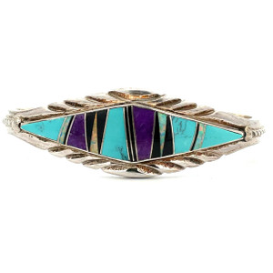 Native American Sterling Silver with Inlaid Fire Opal, Sugilite Purple Opal, Turquoise, and Onyx Cuff Bracelet Native American Sterling Silver with Inlaid Fire Opal, Sugilite Purple Opal, Turquoise, and Onyx Cuff Bracelet