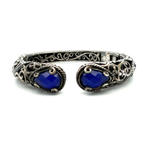Carolyn Pollack Sterling Silver Cuff Bracelet- Ornate Filigree w/ Faceted Blue Gemstone