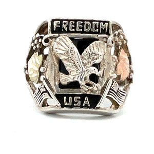 Sterling Silver Freedom USA Eagle with Black Hills Gold Leaves Ring Size 8.25