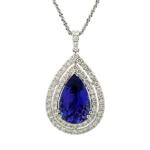 14K W Gold Tanzanite & Diamond Accent Pear-shaped Halo Necklace 22"