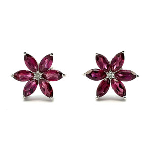 14K W Gold Rhodolite Garnet Diamond Accent Flower Stud Earrings 14K W Gold Rhodolite Garnet Diamond Accent Flower Stud Earrings