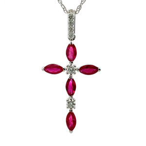 14K W Gold .85ct Ruby with Diamond Accents Cross Necklace 18"