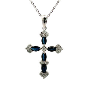 14K W Gold Sapphire with Diamond Accents Cross Necklace 18"