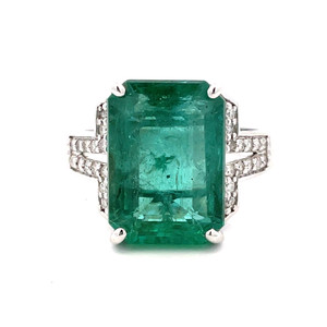 14K White Gold 7.11 ct Emerald Cut Emerald with 0.21 cttw Diamond Accents Size 7