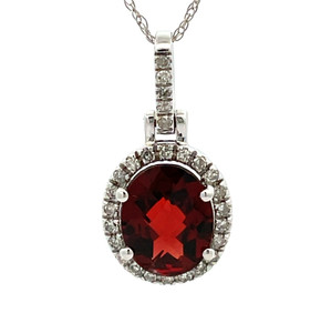 14K W Gold Checkerboard Cut Garnet with Diamond Halo Accent Necklace 18" 14K W Gold Checkerboard Cut Garnet with Diamond Halo Accent Necklace 18"