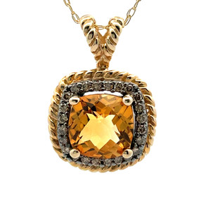 14K Y Gold Checkerboard Cut Citrine with Champagne Diamond Accents Necklace 18" 14K Y Gold Checkerboard Cut Citrine with Champagne Diamond Accents Necklace 18"