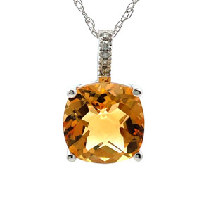 14K W Gold Checkerboard Cut Citrine with Diamond Accent Necklace 18"