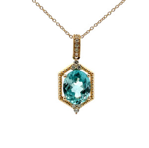 14K Yellow Gold 3.37ct Blue Zircon Hexagon with Diamond Accents Necklace 18" 14K Yellow Gold 3.37ct Blue Zircon Hexagon with Diamond Accents Necklace 18"