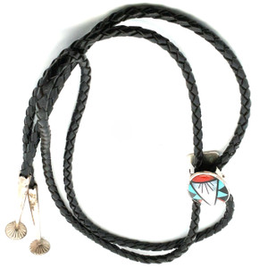 Zuni Sterling Silver Oval Intarsia Multi-Gem Inlay Bolo Tie Zuni Sterling Silver Oval Intarsia Multi-Gem Inlay Bolo Tie