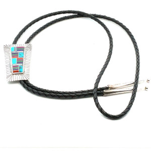 Vintage Southwest Native American Sterling Silver Rectangular Multi-Gem Inlay Bolo Tie Vintage Southwest Native American Sterling Silver Rectangular Multi-Gem Inlay Bolo Tie