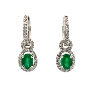 14K White Gold Emerald with Diamond Halo Small Hoop Drop Dangle Earrings 14K White Gold Emerald with Diamond Halo Small Hoop Drop Dangle Earrings