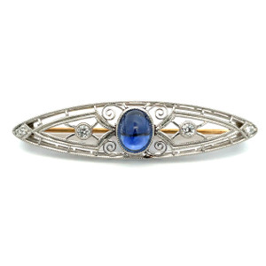 14K White Gold Vintage Circa 1920s Cabochon Sapphire and Diamond Filigree Brooch Pin