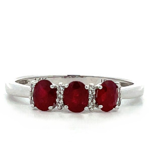 14K White Gold Approx. .06 TDW Diamond Accented 3 Oval Ruby Ring Size 7