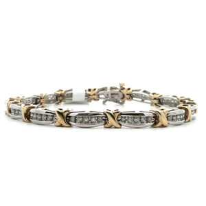 10K Two Toned Gold Diamond X-Link Bracelet 7"