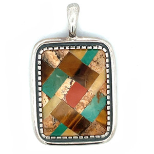 Carolyn Pollack Vintage Sterling Silver Pendant Multi-Gem Inlay Rectangle Pendant Carolyn Pollack Vintage Sterling Silver Pendant Multi-Gem Inlay Rectangle Pendant