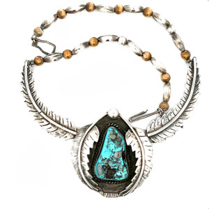 Signed Vintage Native Sterling Silver Multi-Leaf Triangle Turquoise Necklace Signed Vintage Native Sterling Silver Multi-Leaf Triangle Turquoise Necklace