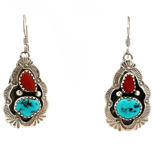 Robert Begay Vintage Navajo Sterling Silver Turquoise and Coral Dangle Earrings Robert Begay Vintage Navajo Sterling Silver Turquoise and Coral Dangle Earrings