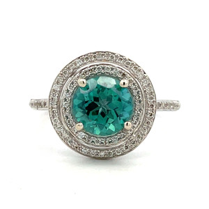 14K White Gold 1.77ct Round Blue Tourmaline Double Diamond Halo Fashion Ring Size 6