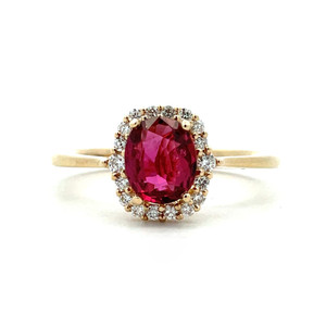 14K Yellow Gold .98ct Oval Cut Ruby .16cttw Diamond Halo Accented Engagement Ring Size 6.5