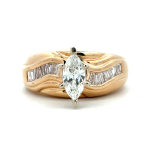 14K Yellow Gold .40ct Marquise Diamond Baguette Accented Wide Band Engagement Ring Size 6.5