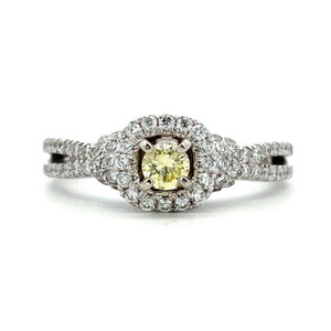 14K White Gold .16ct Natural Yellow Round Diamond Split Shank Pave Accented Engagement Ring Size 6