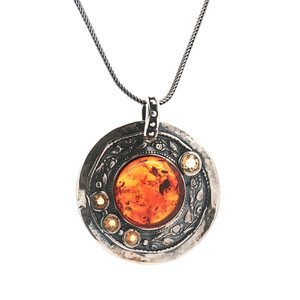 Sterling Silver Amber With Citrine Accents Round Floral Necklace