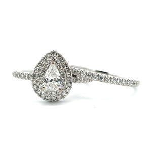 14K White Gold .42ct Pear Shaped Diamond Double Halo Pave Accented Band Engagement Wedding Ring Set Size 6.5