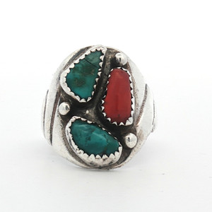 Sterling Silver Turquoise And Coral Arranged Ring Sized 8.75