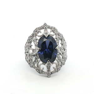 Sterling Silver Created Sapphire Oval Cut With CZ Scrollwork Ring Size 8.25