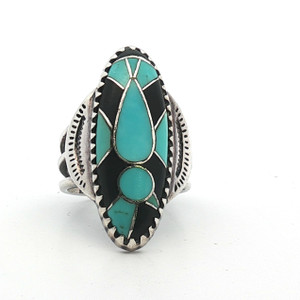 Sterling Silver Native Turquoise and Black Onyx Ring Size 6.5