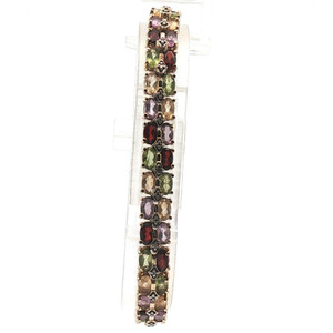 Sterling Silver Multi Semi Precious Gemstone Oval Cut Prong Setting Tennis Bracelet