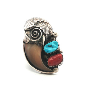 Sterling Silver Turquoise Coral Southwest Bear Claw Ring Size 10.5
