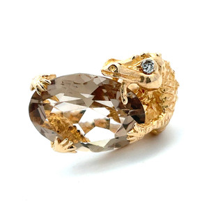 14K Yellow Gold Dragon Oval Smoky Quartz Diamond Eye Statement Ring Size 8
